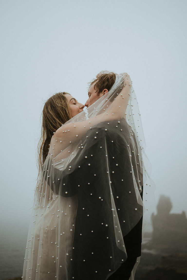 Intimate photo of an engaged couple in Iceland during the rain