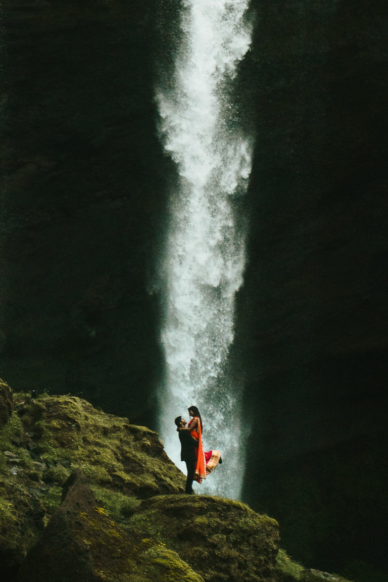 Engagement photos with Kvernufoss Waterfall